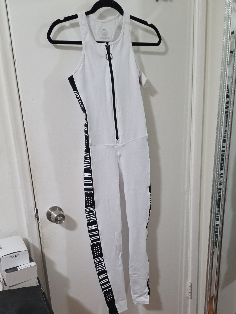 White Zip-Front Active Jumpsuit with Black Side Stripe